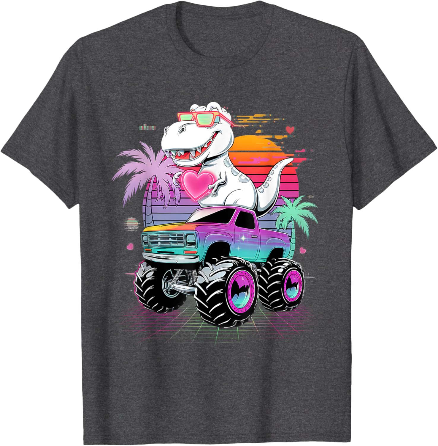 Valentine's Day T-Rex Monster Truck Vaporwave Kids T-Shirt for Boys - 28