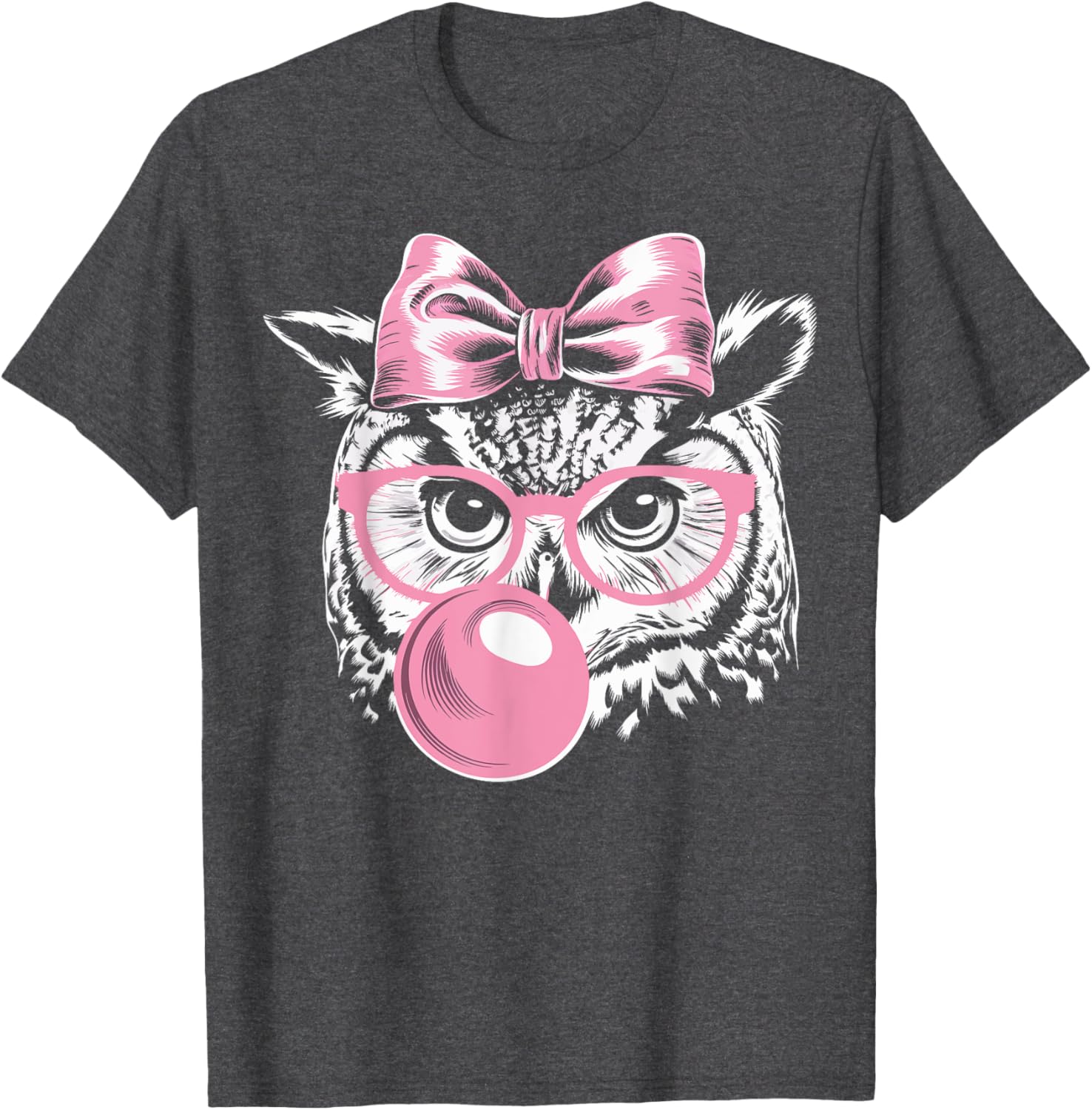 Cute Owl T-Shirt with Glasses Blowing Pink Bubble Gum for Fun Fashion - 3