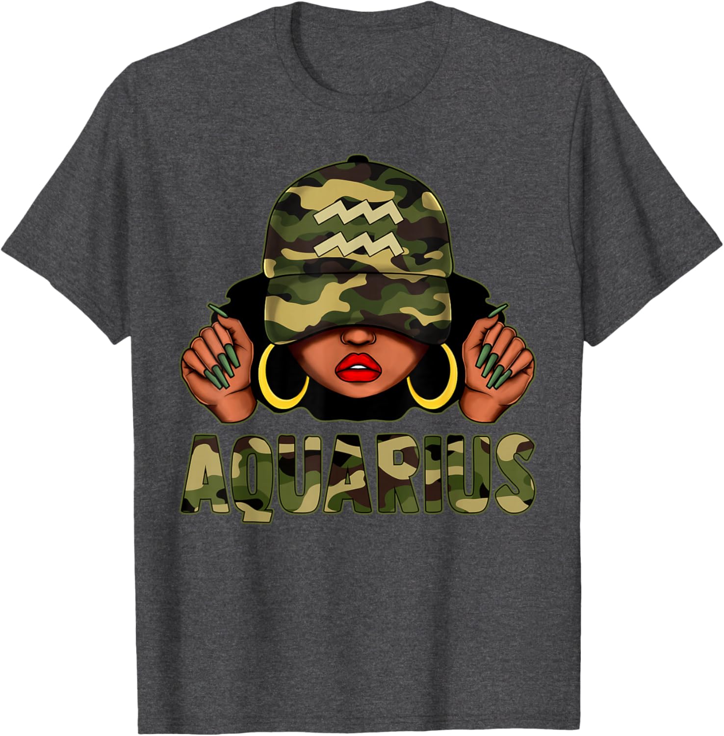 Aquarius Queen Black Woman Camo Afro T-Shirt Stylish Zodiac Apparel - 21