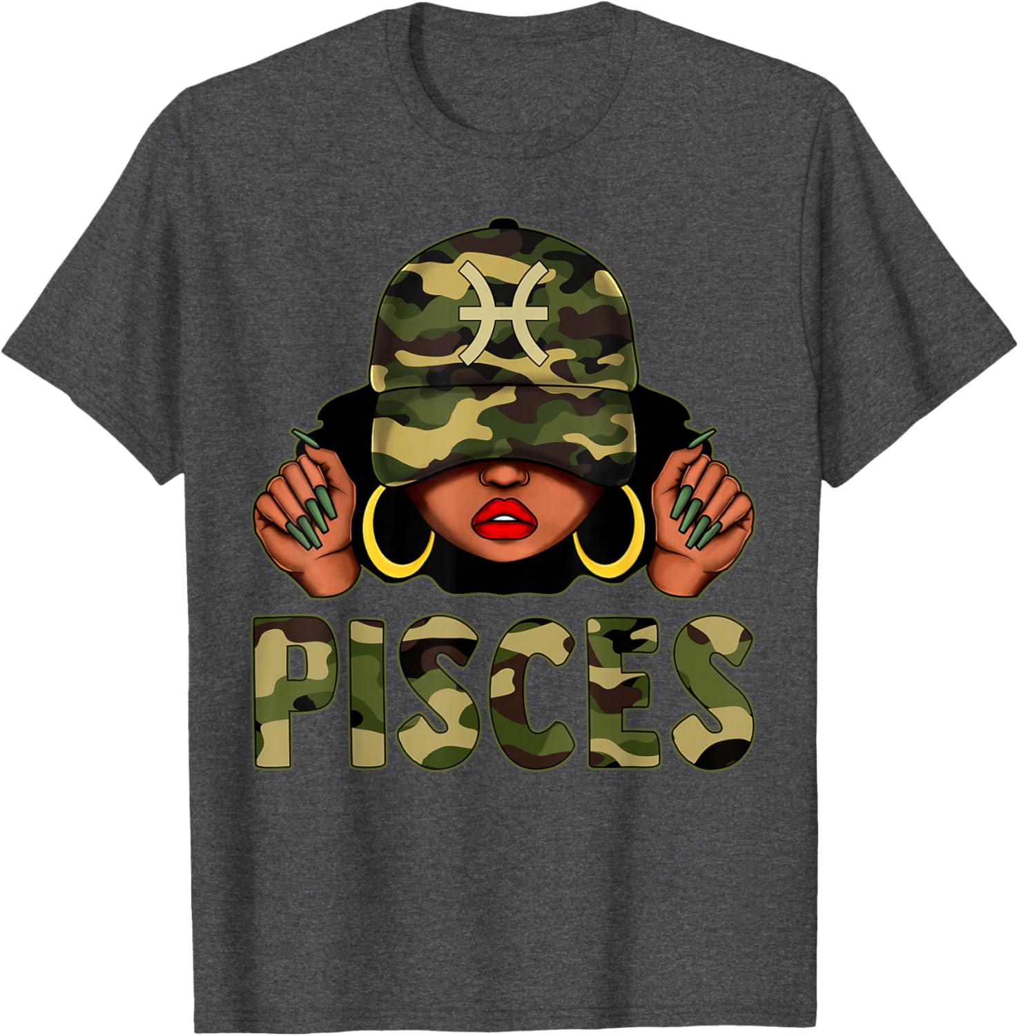 Pisces Queen Camo Cap and Afro Girl Zodiac T-Shirt for Black Women - 21