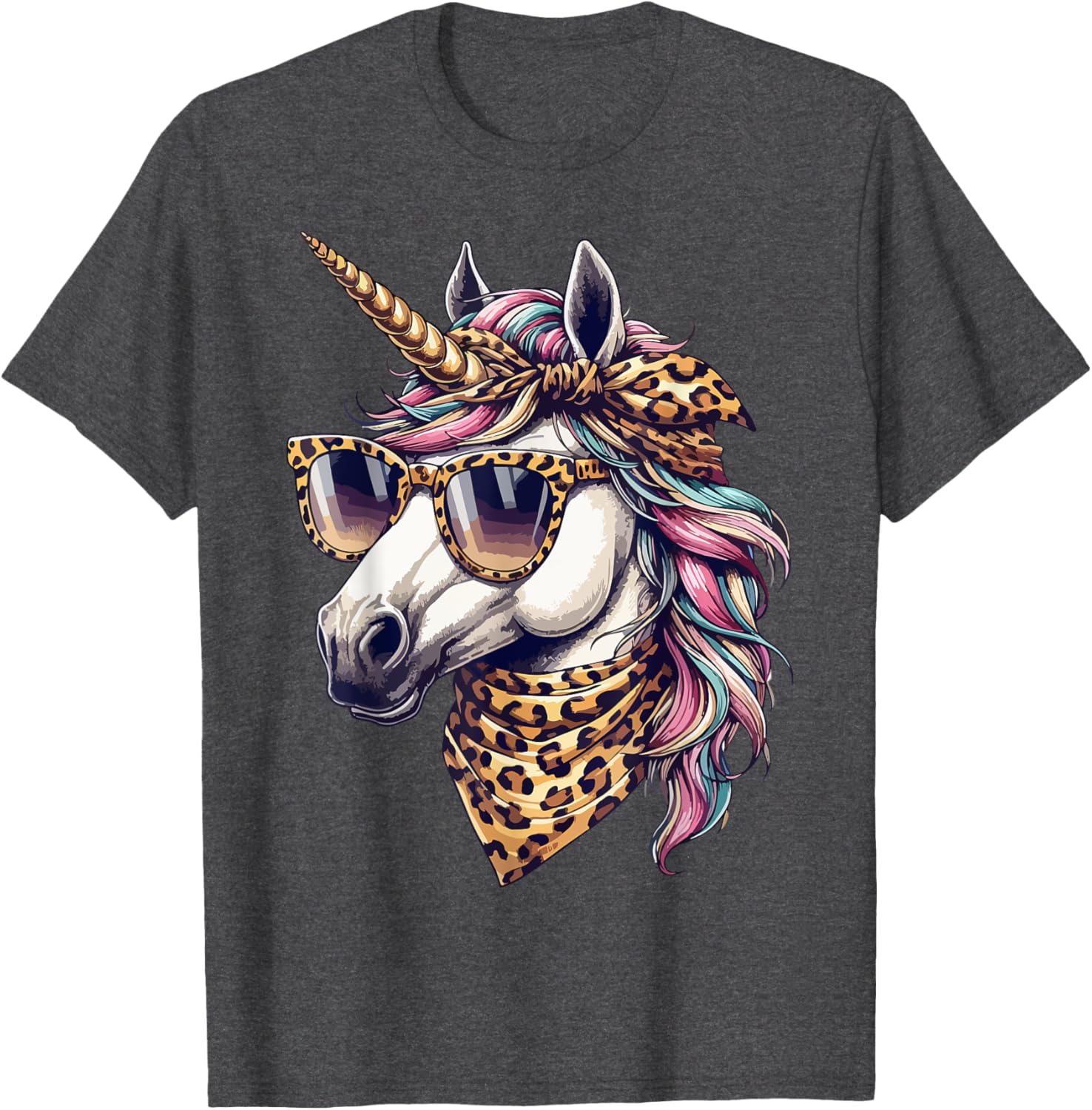 Whimsical Unicorn in Leopard Scarf and Sunglasses T-Shirt for Fun Style - 2