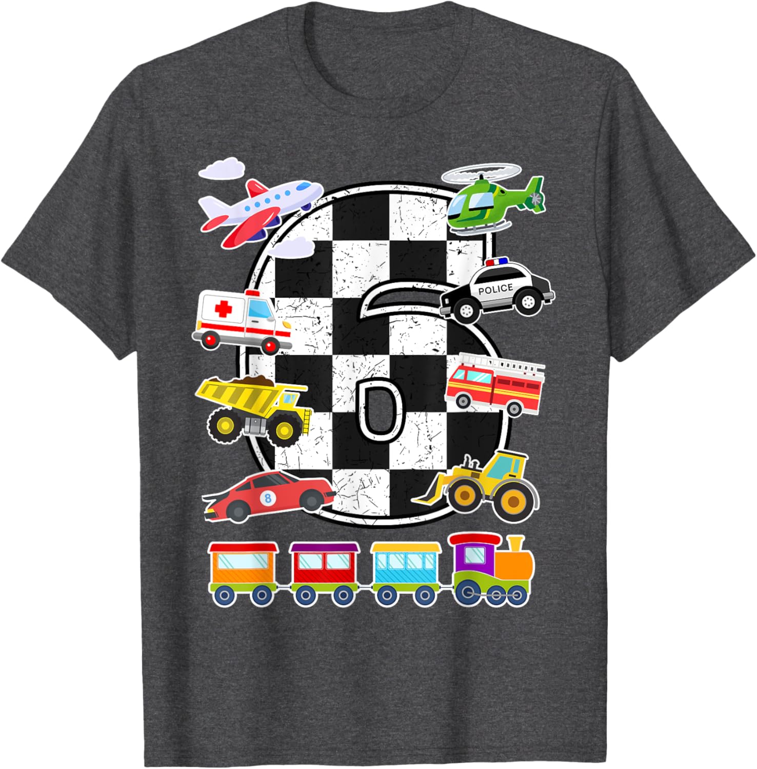Adorable 6 Year Old Transportation T-Shirt for Boys with Trucks, Cars, Trains & Planes - 16