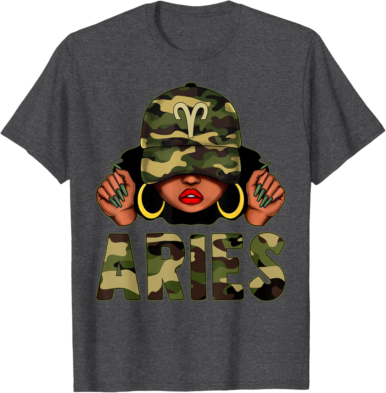 Aries Queen Black Woman Wearing Camo Cap Afro Zodiac T-Shirt - 4