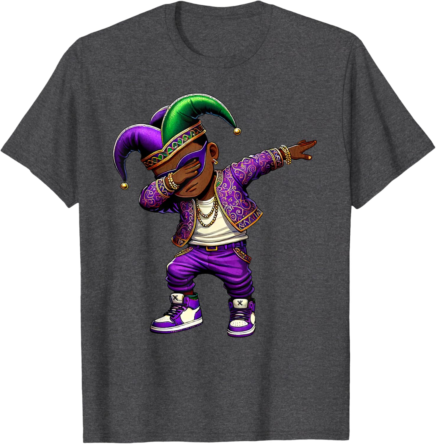Funny Mardi Gras Jester Hat T-Shirt for Black Kids - Dabbing Boy Design - 13