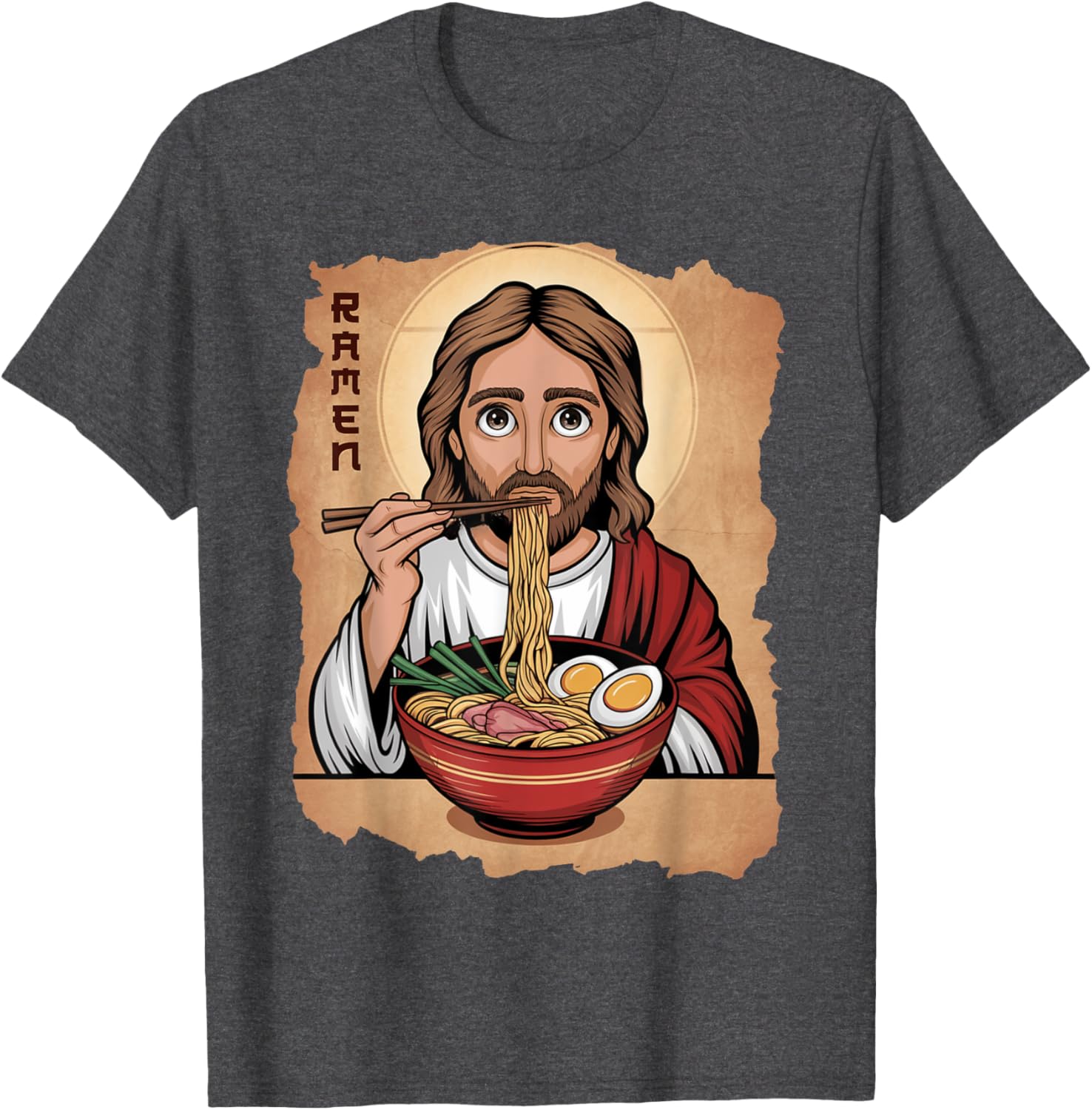 Cute Jesus Eating Ramen Noodles T-Shirt with Ocean Waves Japanese Art - 13