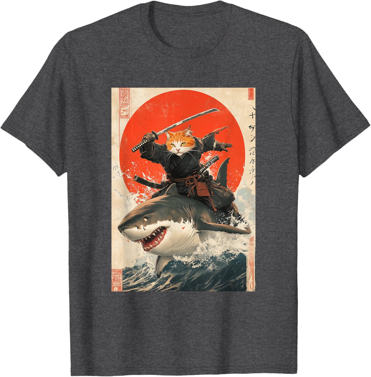 Ninja Cat Riding Shark Graphic Tee Cute Japanese Style T-Shirt for Cat Lovers - 29