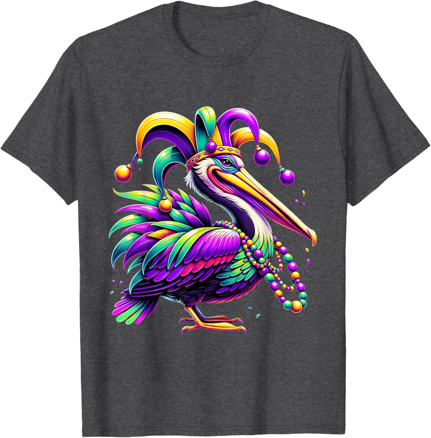Colorful Mardi Gras Pelican Jester Hat Beads T-Shirt for Festive Fun - 7