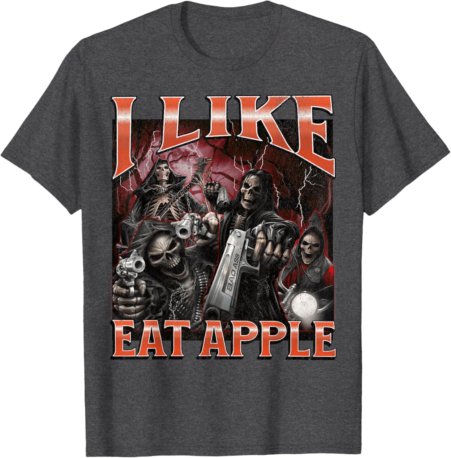 Funny I Like Eat Apple Skeleton Meme Graphic T-Shirt for Casual Wear - 11