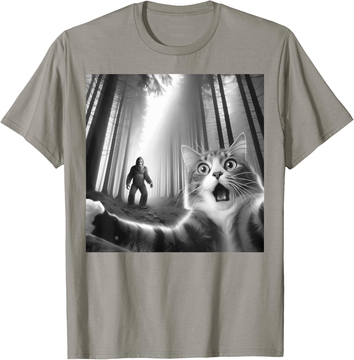 Funny Scared Cat Bigfoot Selfie T-Shirt for Men, Women, and Kids - 26