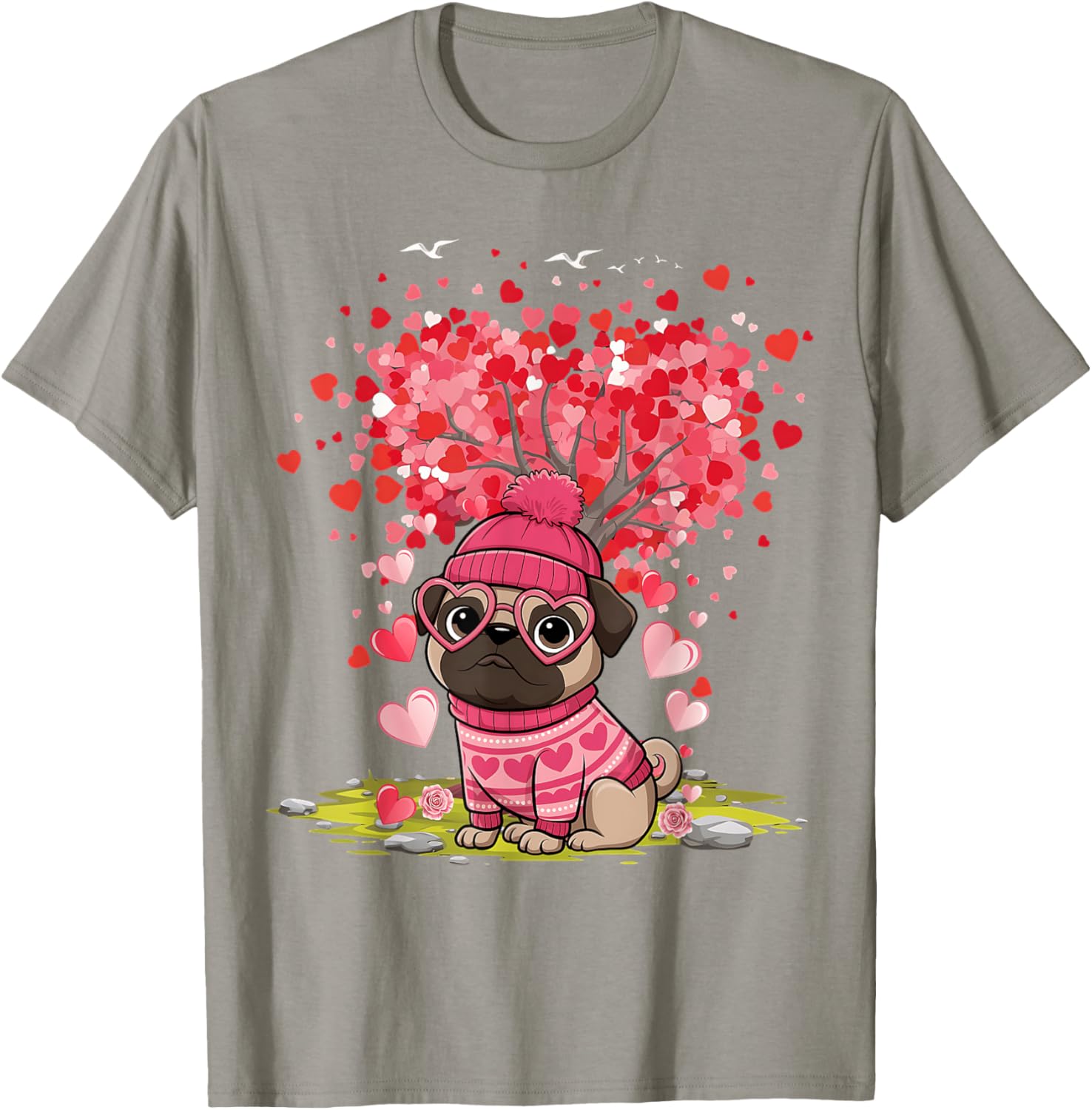 Pug Heart Tree Tee - Adorable Dog Lover Valentine's Day T-Shirt - 2