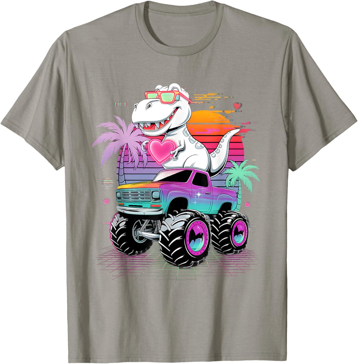 Valentine's Day T-Rex Monster Truck Vaporwave Kids T-Shirt for Boys - 2