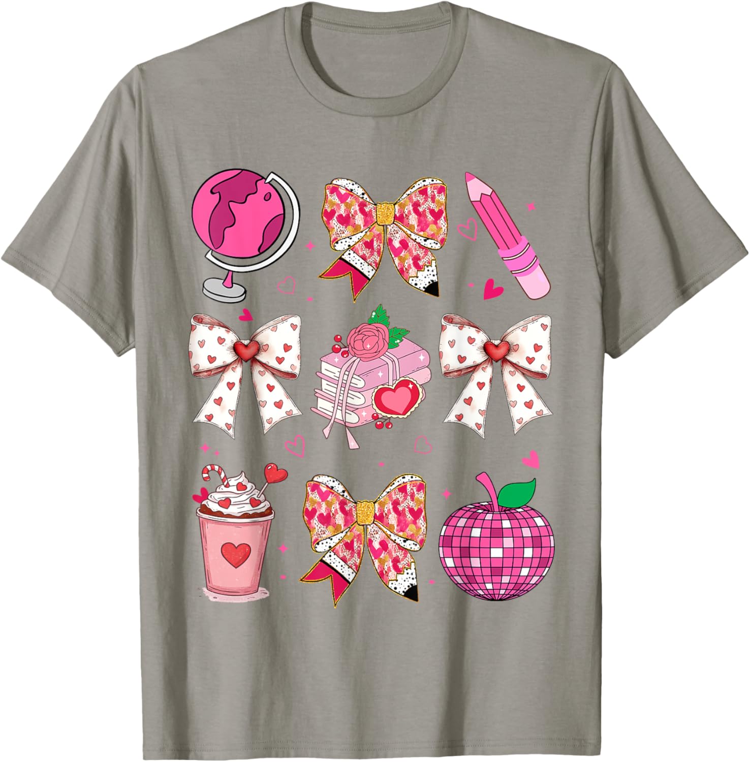 Valentine's Day Heart Bow T-Shirt for Teachers with Disco Ball Charm - 4