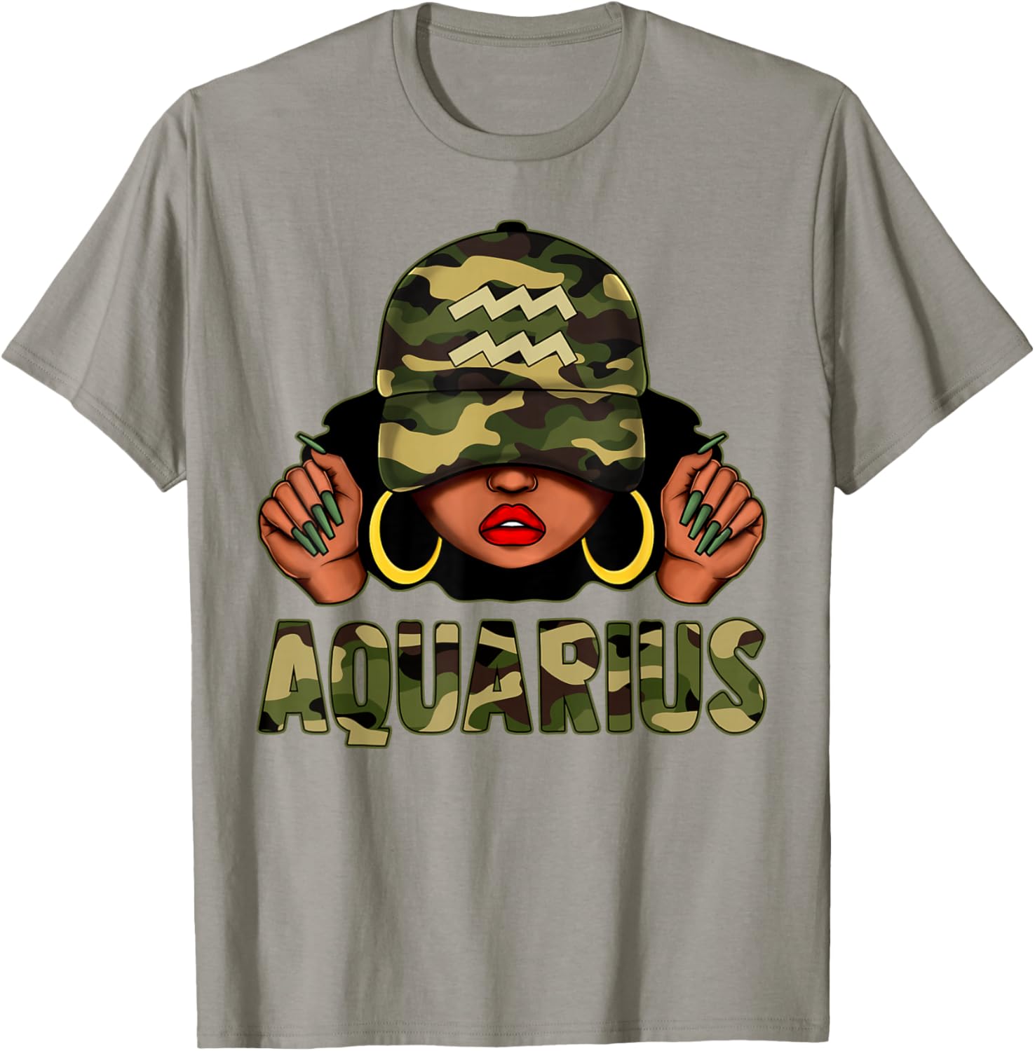 Aquarius Queen Black Woman Camo Afro T-Shirt Stylish Zodiac Apparel - 19