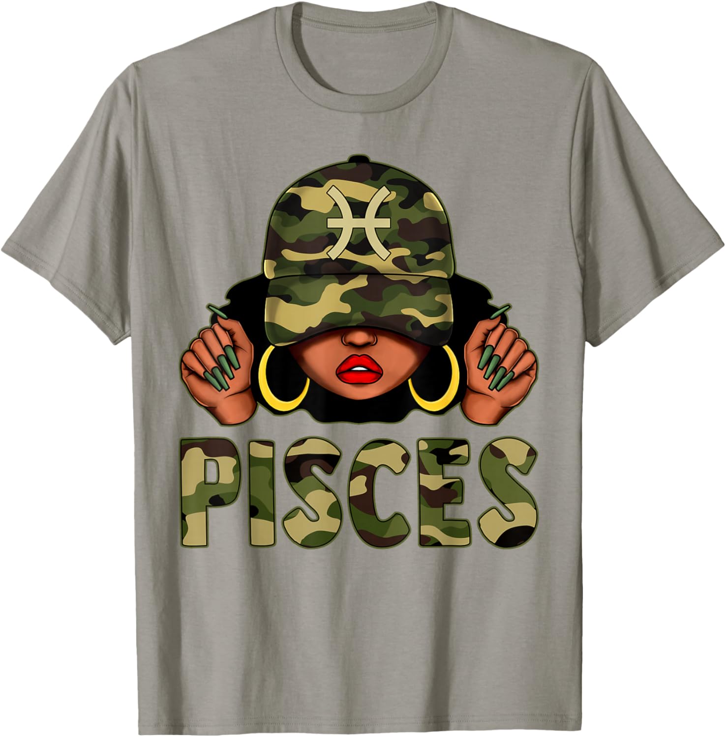 Pisces Queen Camo Cap and Afro Girl Zodiac T-Shirt for Black Women - 3
