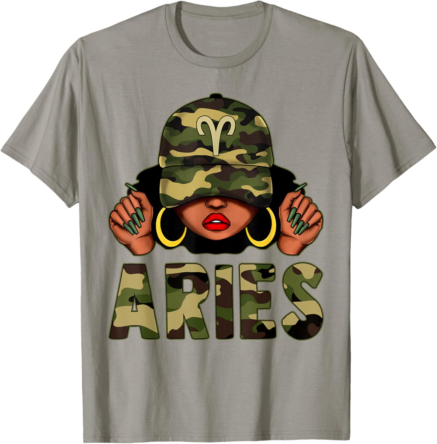 Aries Queen Black Woman Wearing Camo Cap Afro Zodiac T-Shirt - 2