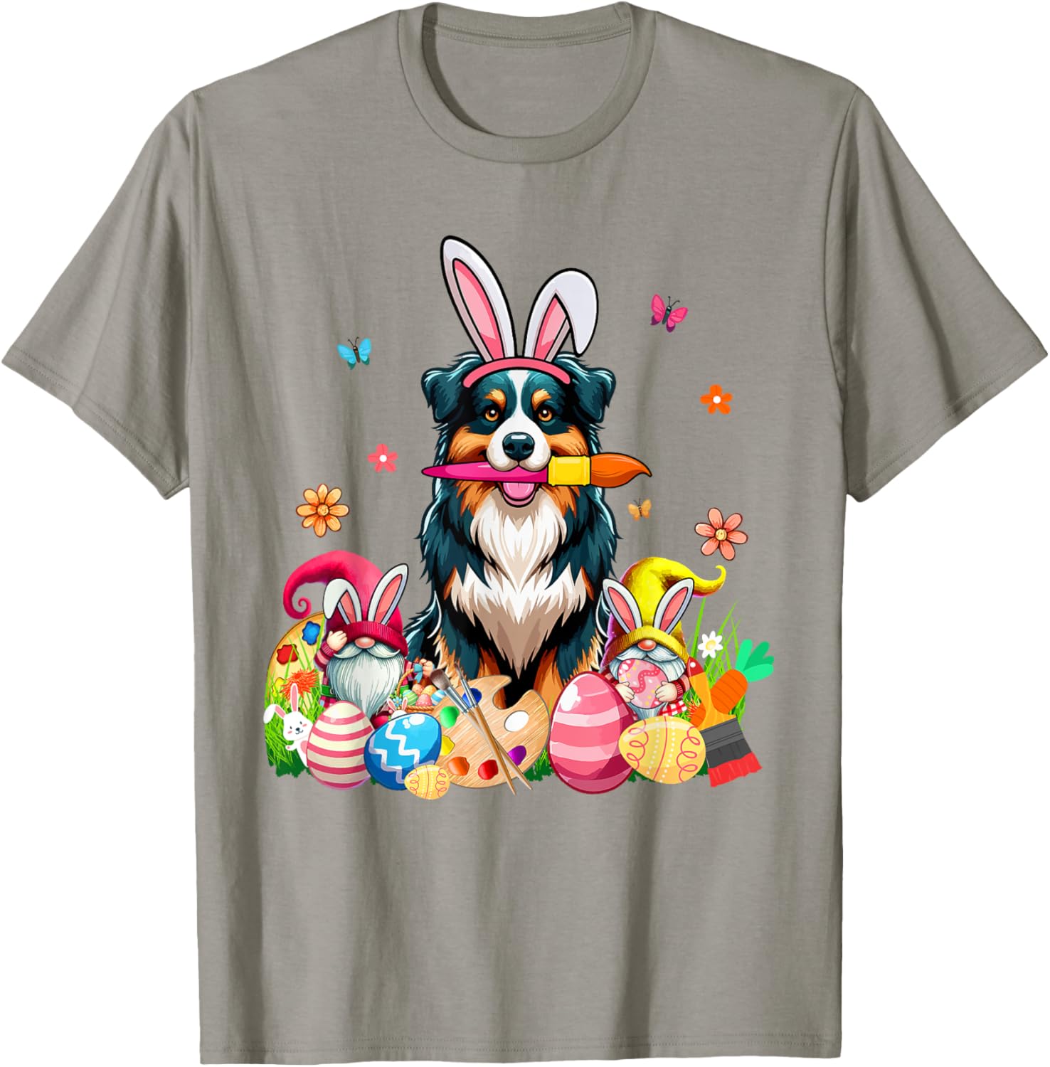 Cute Australian Shepherd Bunny Painting Easter Eggs Gnomes T-Shirt - 19