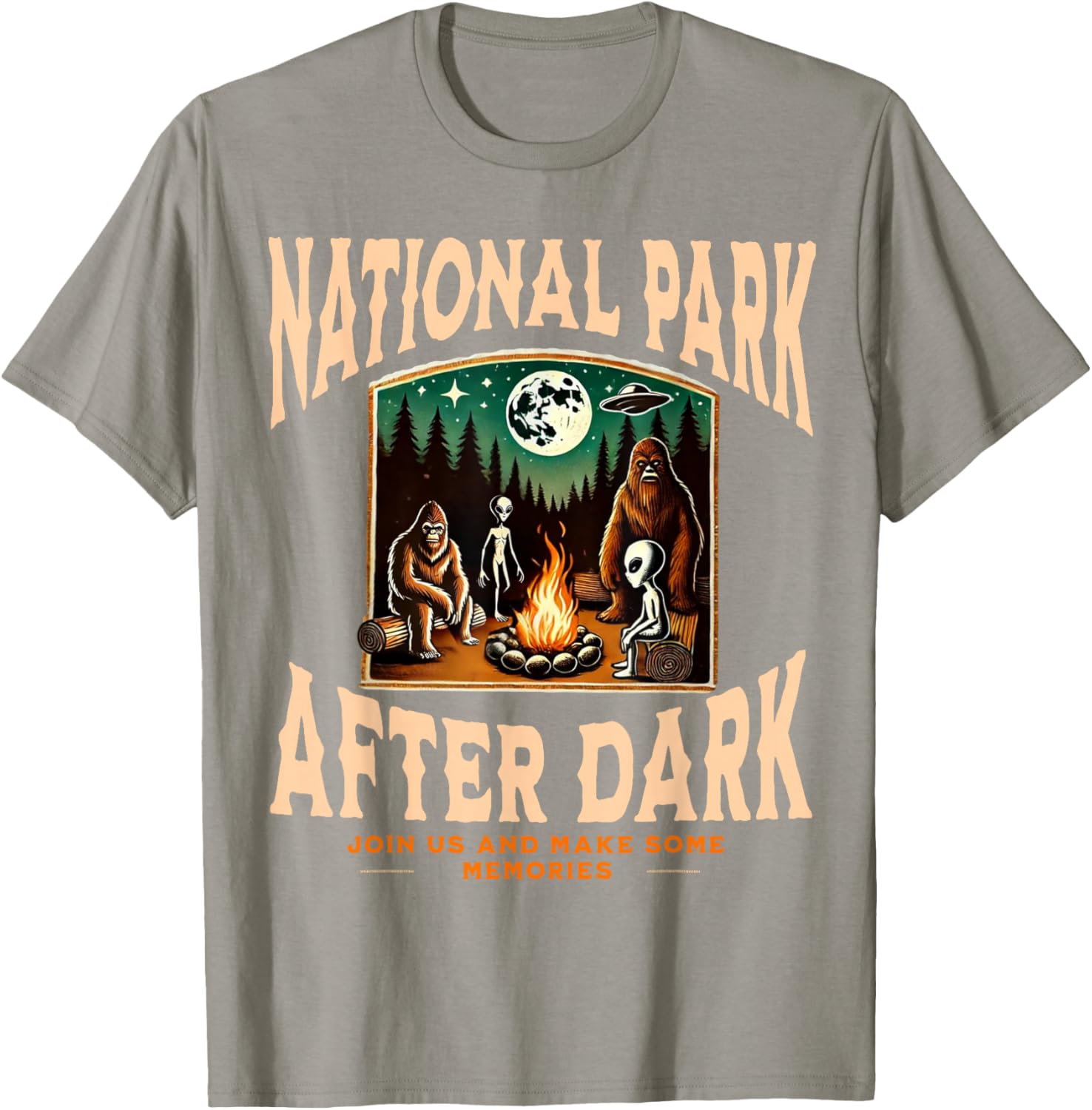 Funny Bigfoot Campfire T-Shirt for National Park Lovers at Night - 1
