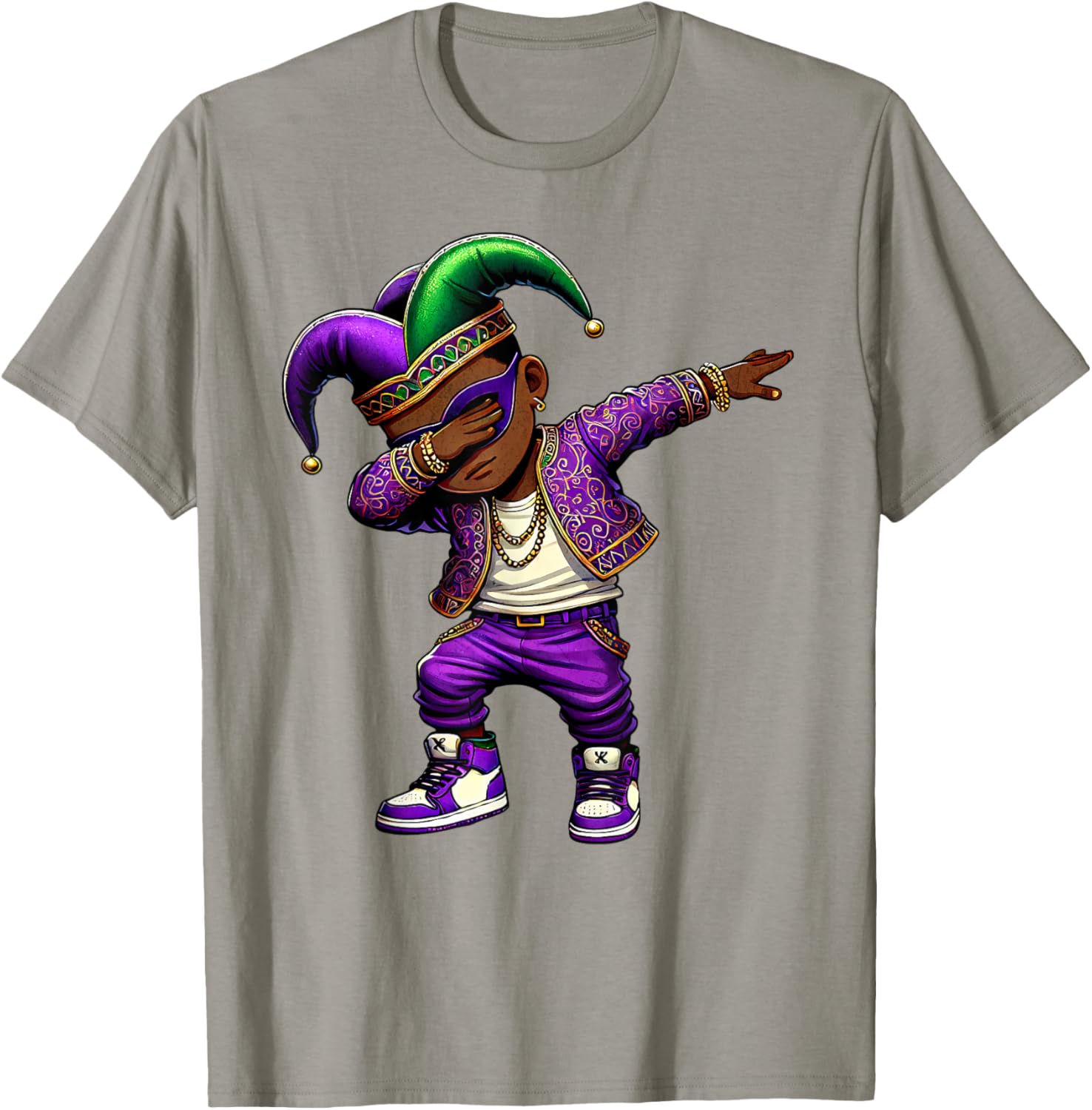 Funny Mardi Gras Jester Hat T-Shirt for Black Kids - Dabbing Boy Design - 7