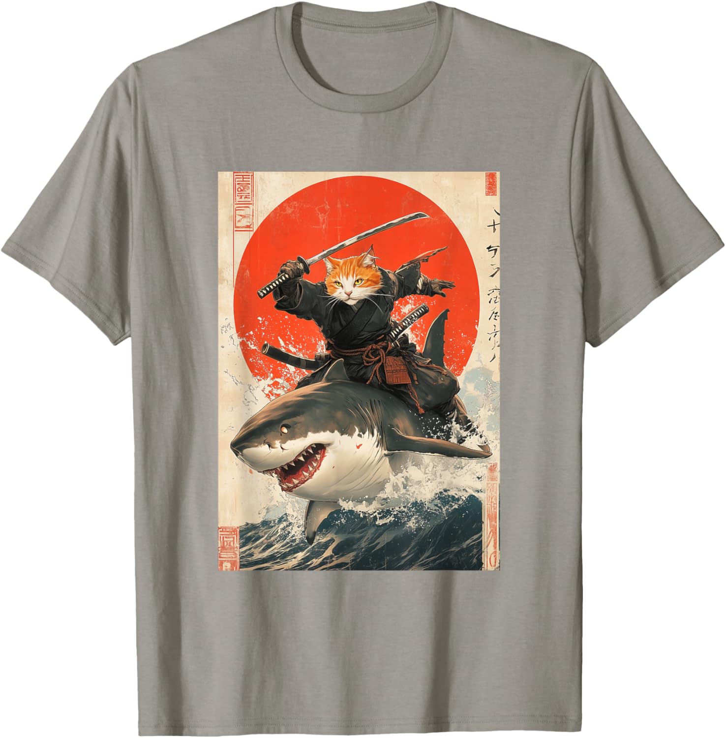 Ninja Cat Riding Shark Graphic Tee Cute Japanese Style T-Shirt for Cat Lovers - 28