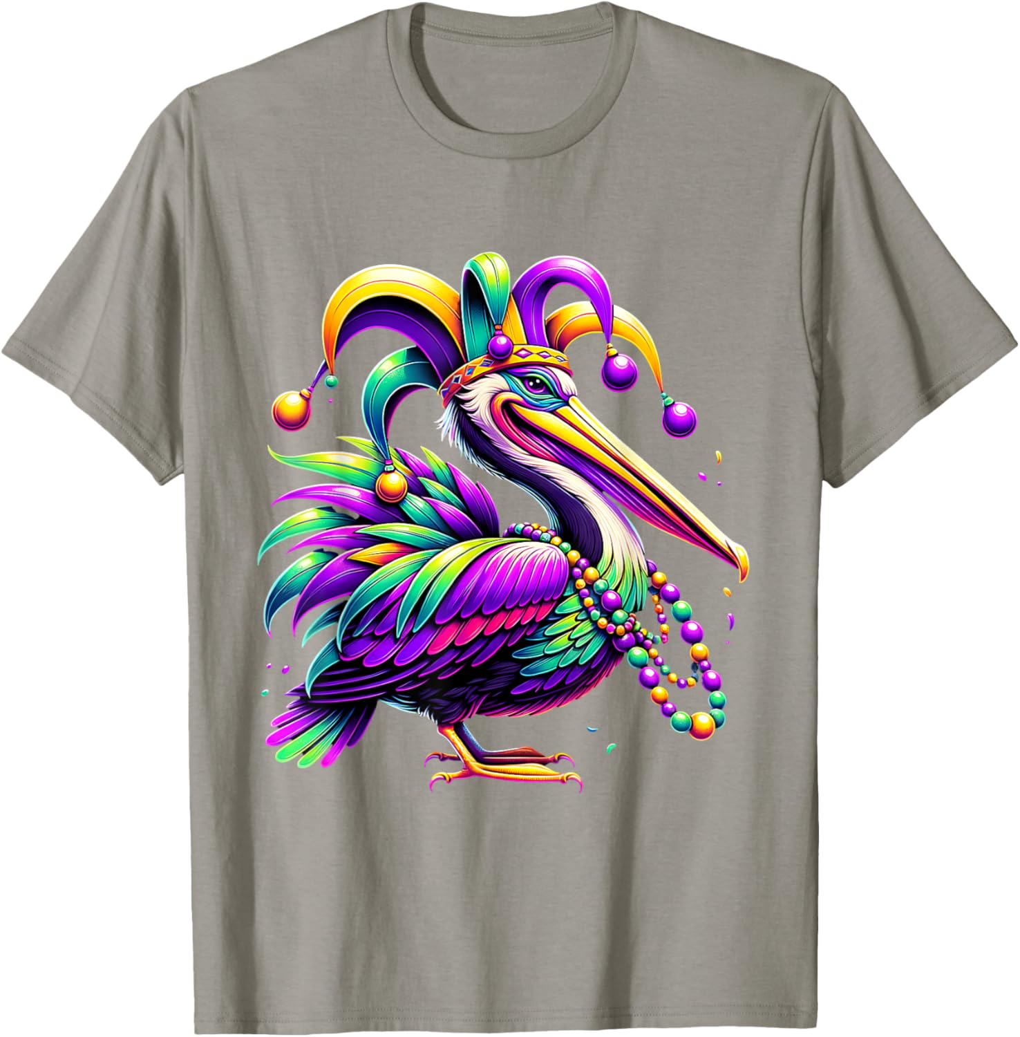 Colorful Mardi Gras Pelican Jester Hat Beads T-Shirt for Festive Fun - 3