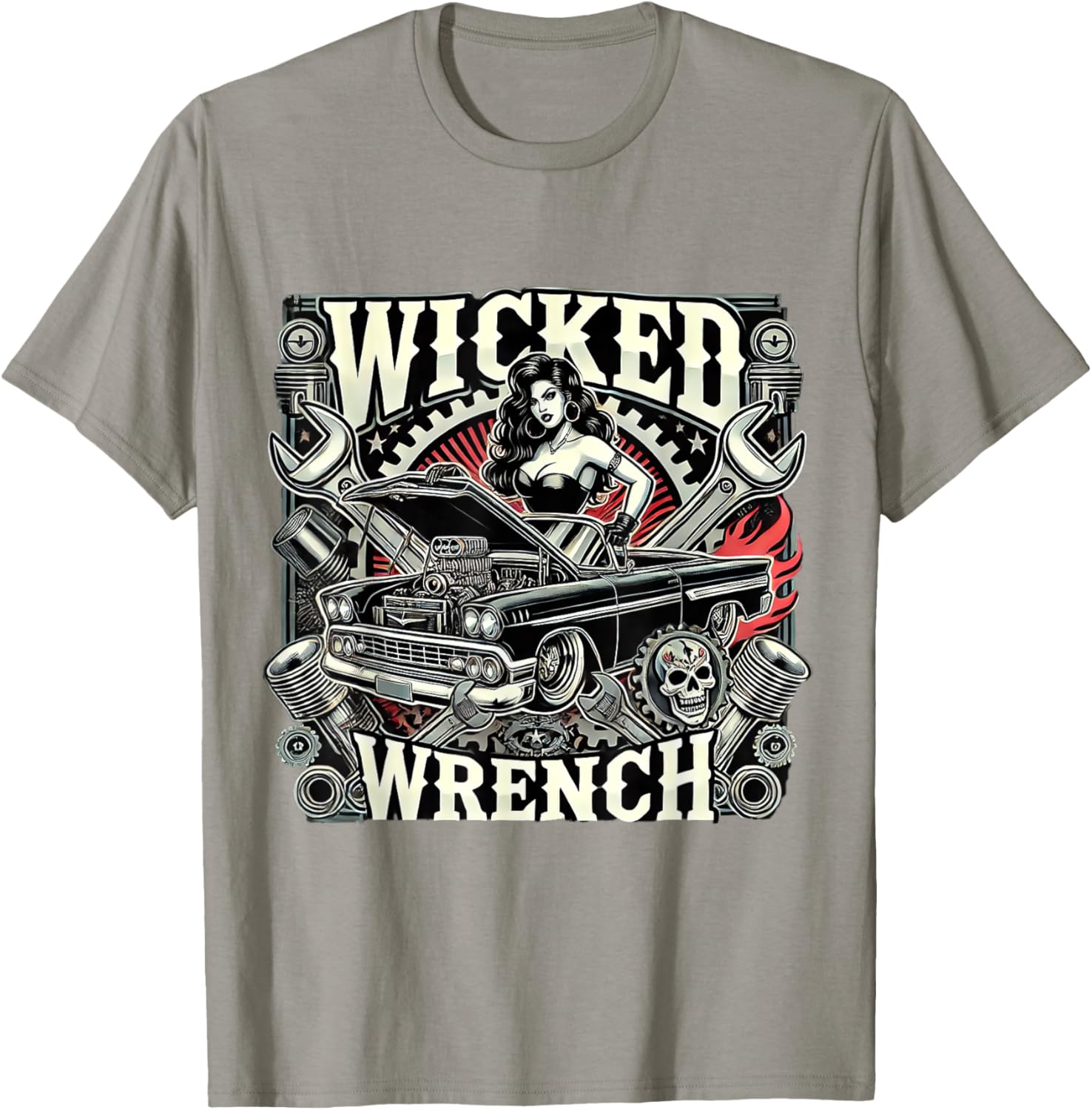 Hot Rod Wrench Lady Flames Pistons T-Shirt for Car Enthusiasts - 2