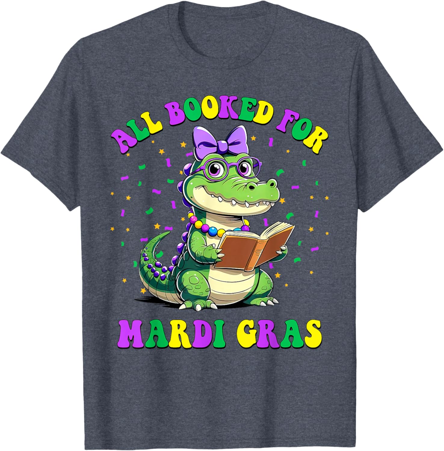 Mardi Gras Crocodile Teacher T-Shirt for Book Lovers and Readers - 14
