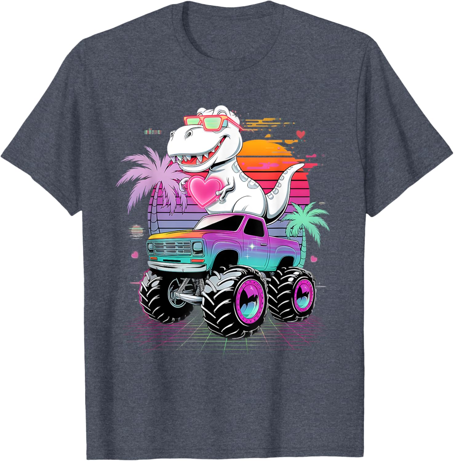 Valentine's Day T-Rex Monster Truck Vaporwave Kids T-Shirt for Boys - 8