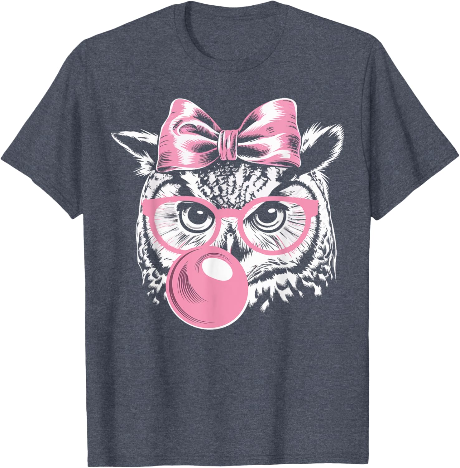 Cute Owl T-Shirt with Glasses Blowing Pink Bubble Gum for Fun Fashion - 16
