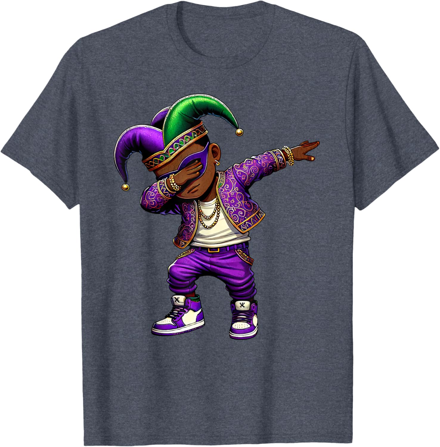 Funny Mardi Gras Jester Hat T-Shirt for Black Kids - Dabbing Boy Design - 16
