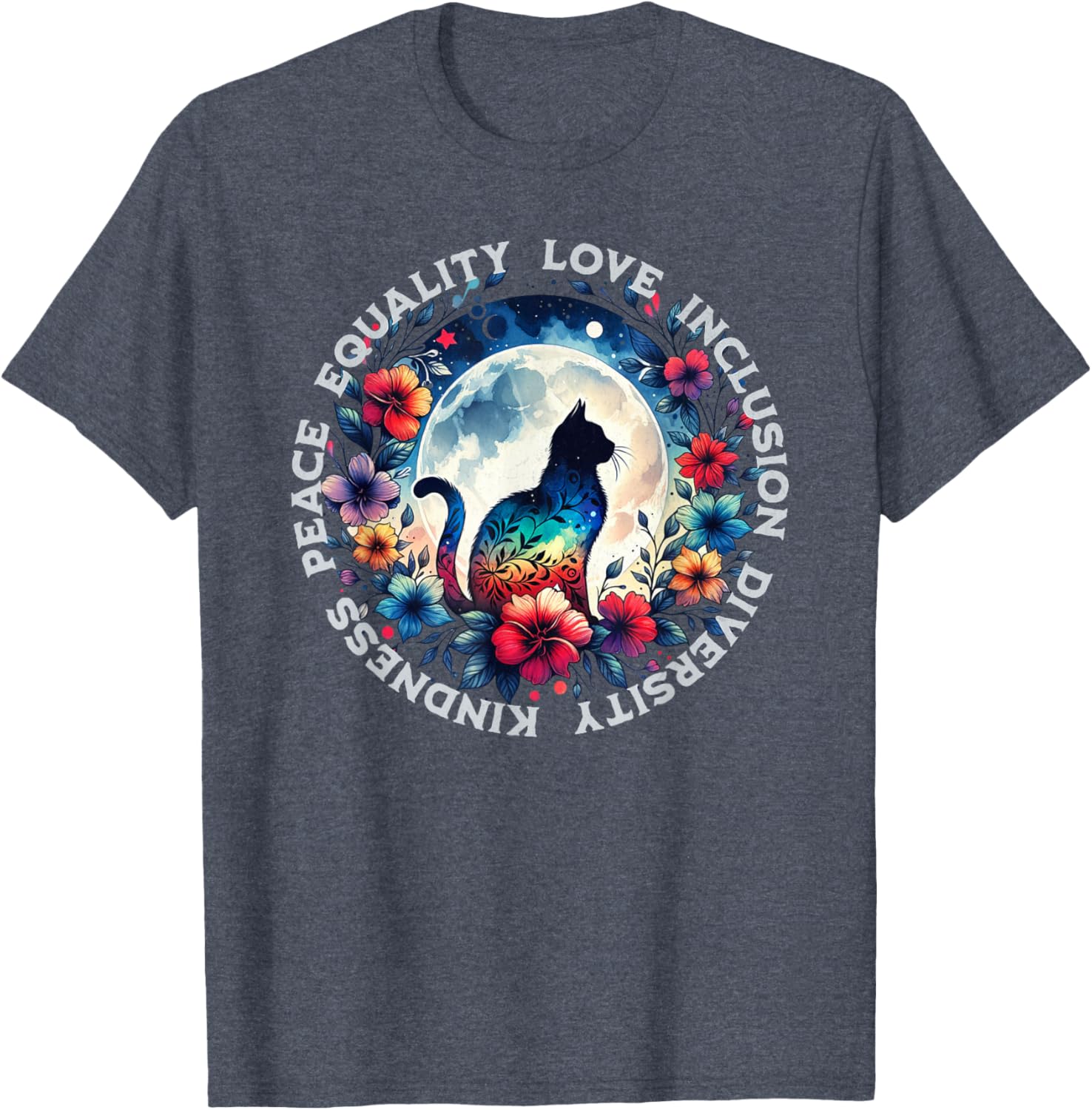 Floral Cat T-Shirt Promoting Kindness, Love, and Equality for All - 11