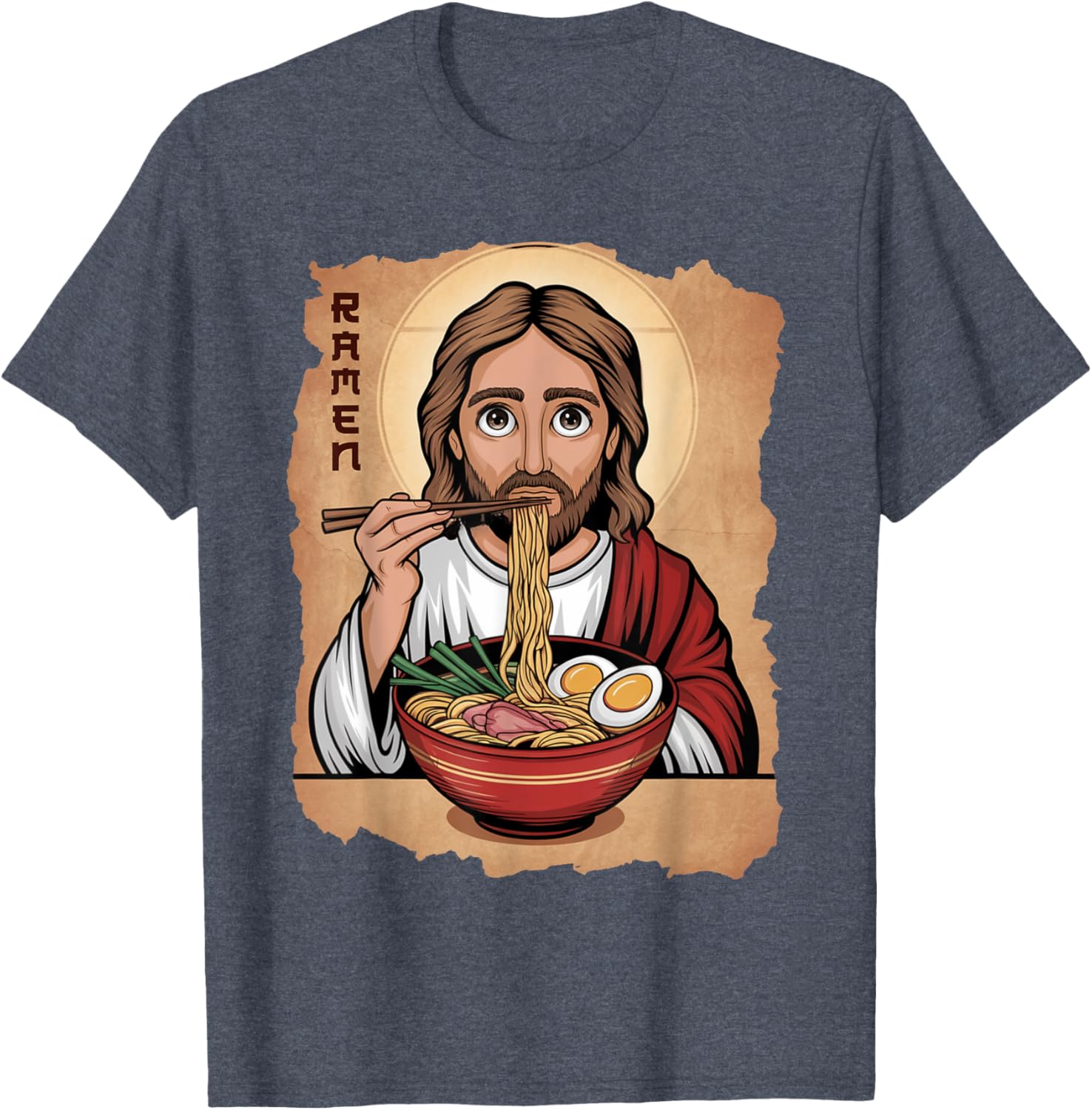 Cute Jesus Eating Ramen Noodles T-Shirt with Ocean Waves Japanese Art - 4