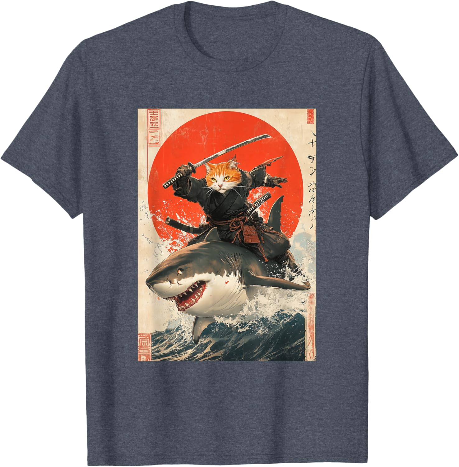 Ninja Cat Riding Shark Graphic Tee Cute Japanese Style T-Shirt for Cat Lovers - 18