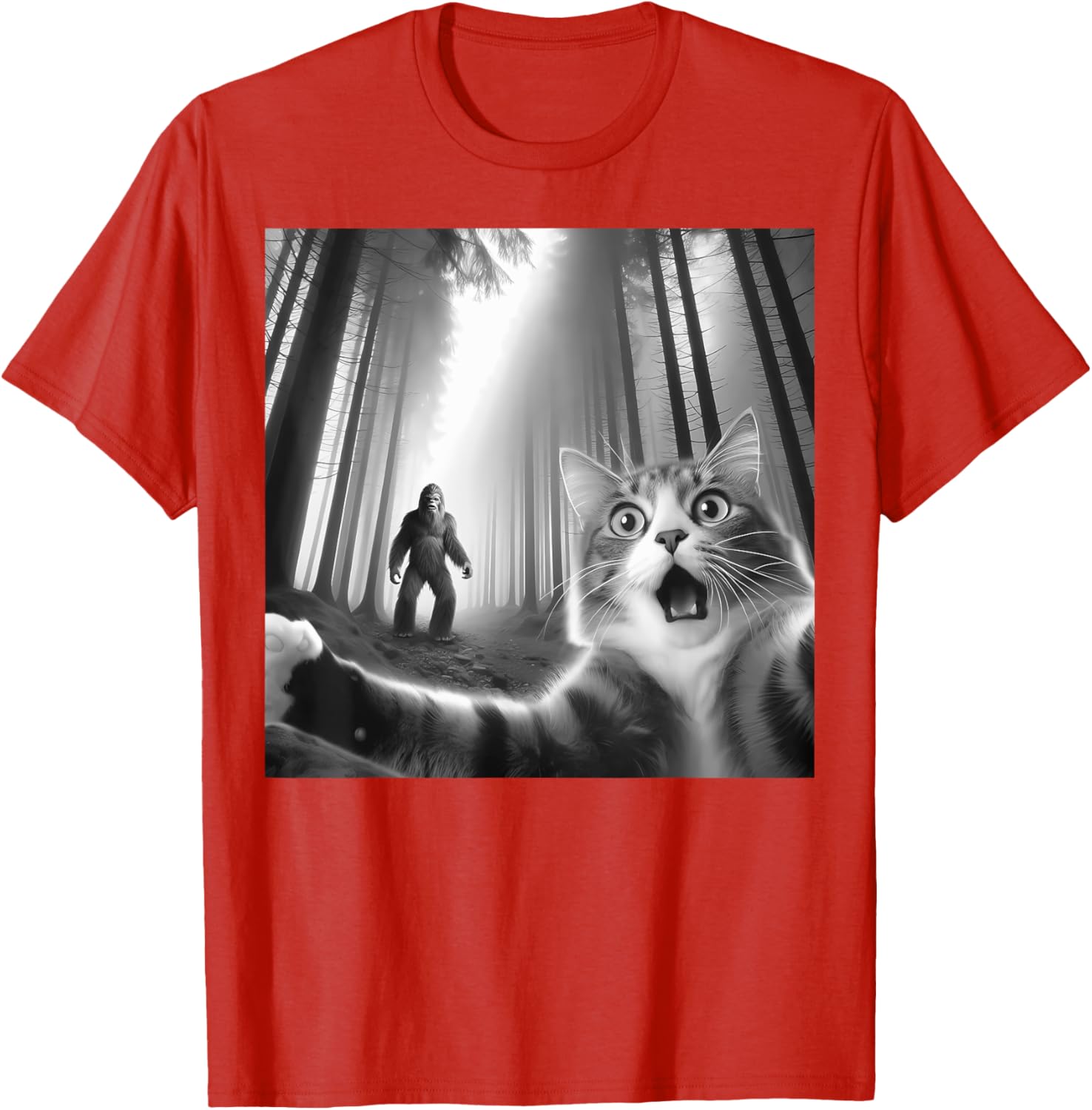 Funny Scared Cat Bigfoot Selfie T-Shirt for Men, Women, and Kids - 8