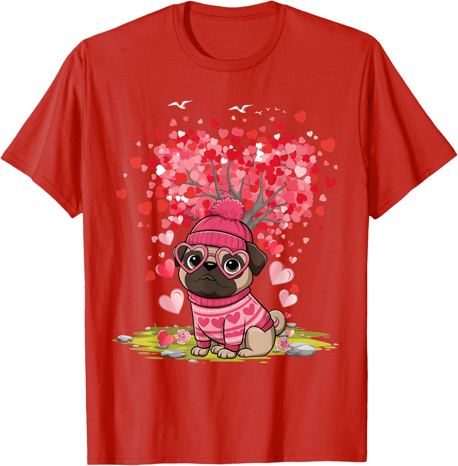 Pug Heart Tree Tee - Adorable Dog Lover Valentine's Day T-Shirt - 13