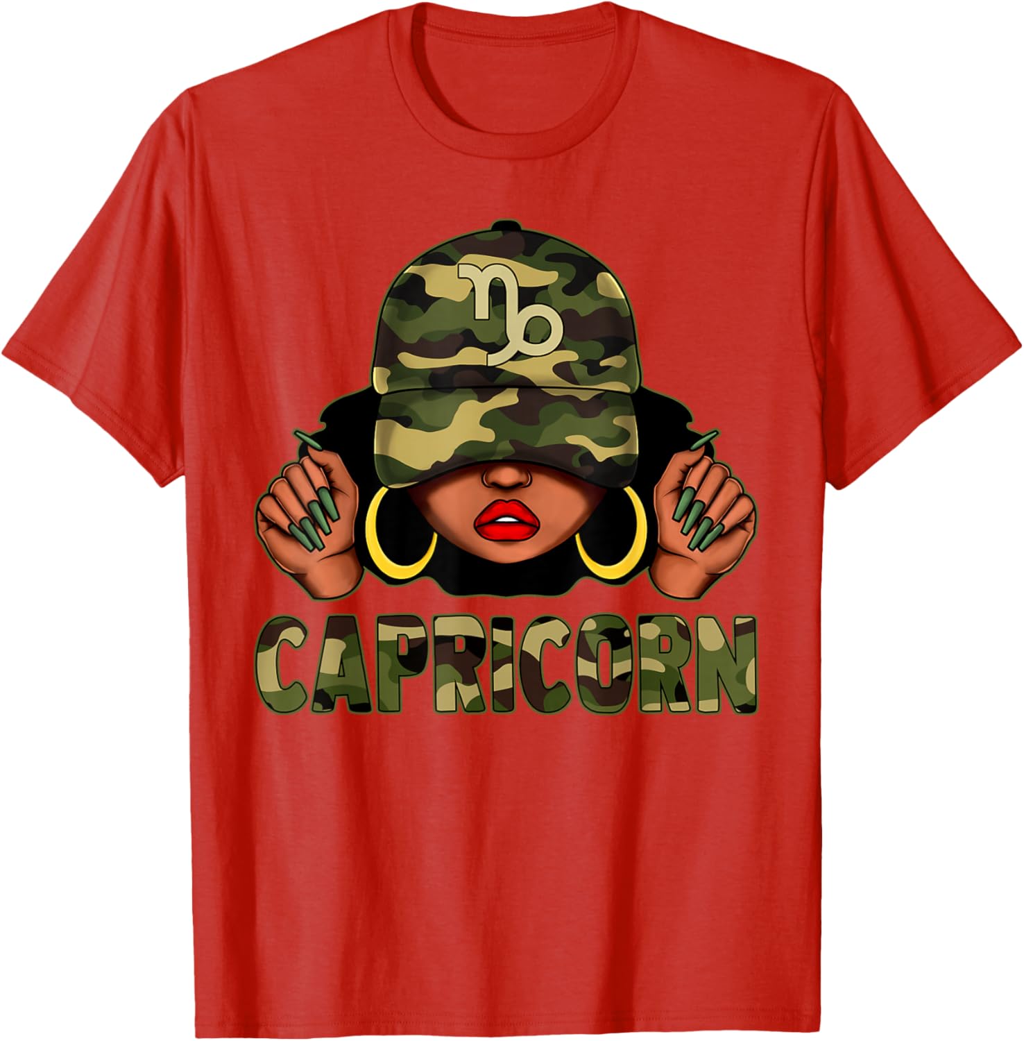 Capricorn Queen Black Woman with Camo Cap Afro Zodiac T-Shirt - 20