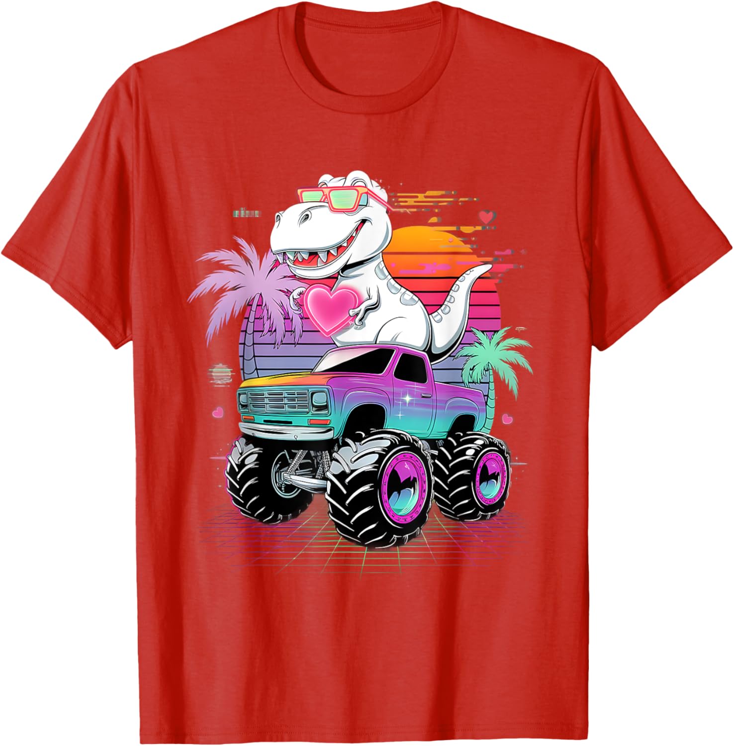 Valentine's Day T-Rex Monster Truck Vaporwave Kids T-Shirt for Boys - 7