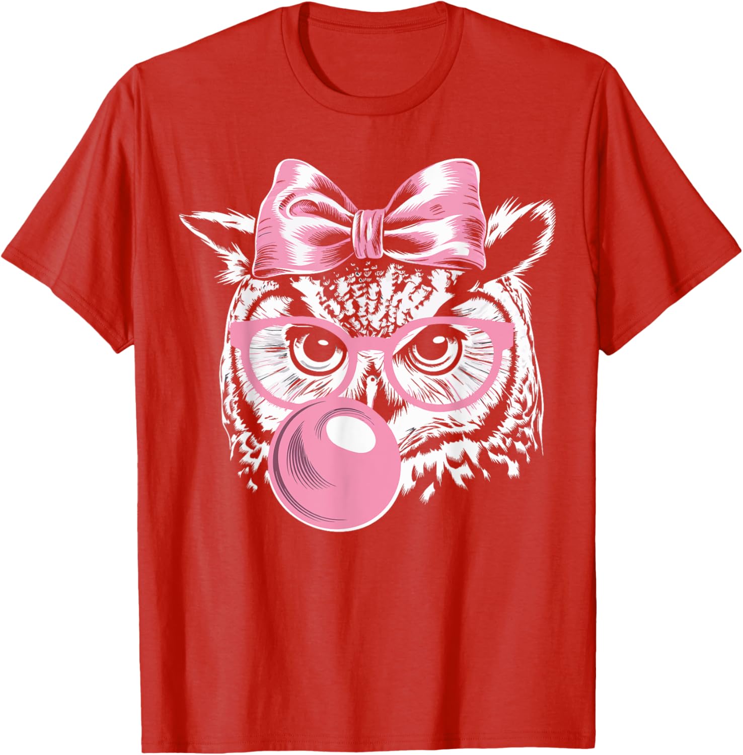Cute Owl T-Shirt with Glasses Blowing Pink Bubble Gum for Fun Fashion - 13