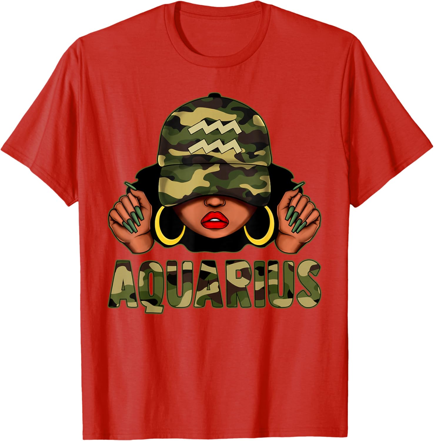 Aquarius Queen Black Woman Camo Afro T-Shirt Stylish Zodiac Apparel - 2