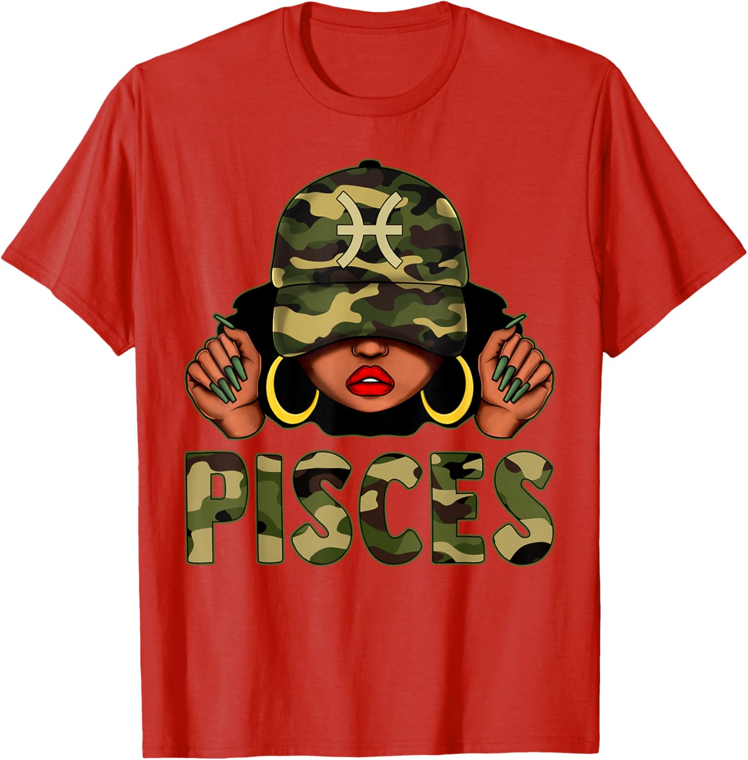 Pisces Queen Camo Cap and Afro Girl Zodiac T-Shirt for Black Women - 2