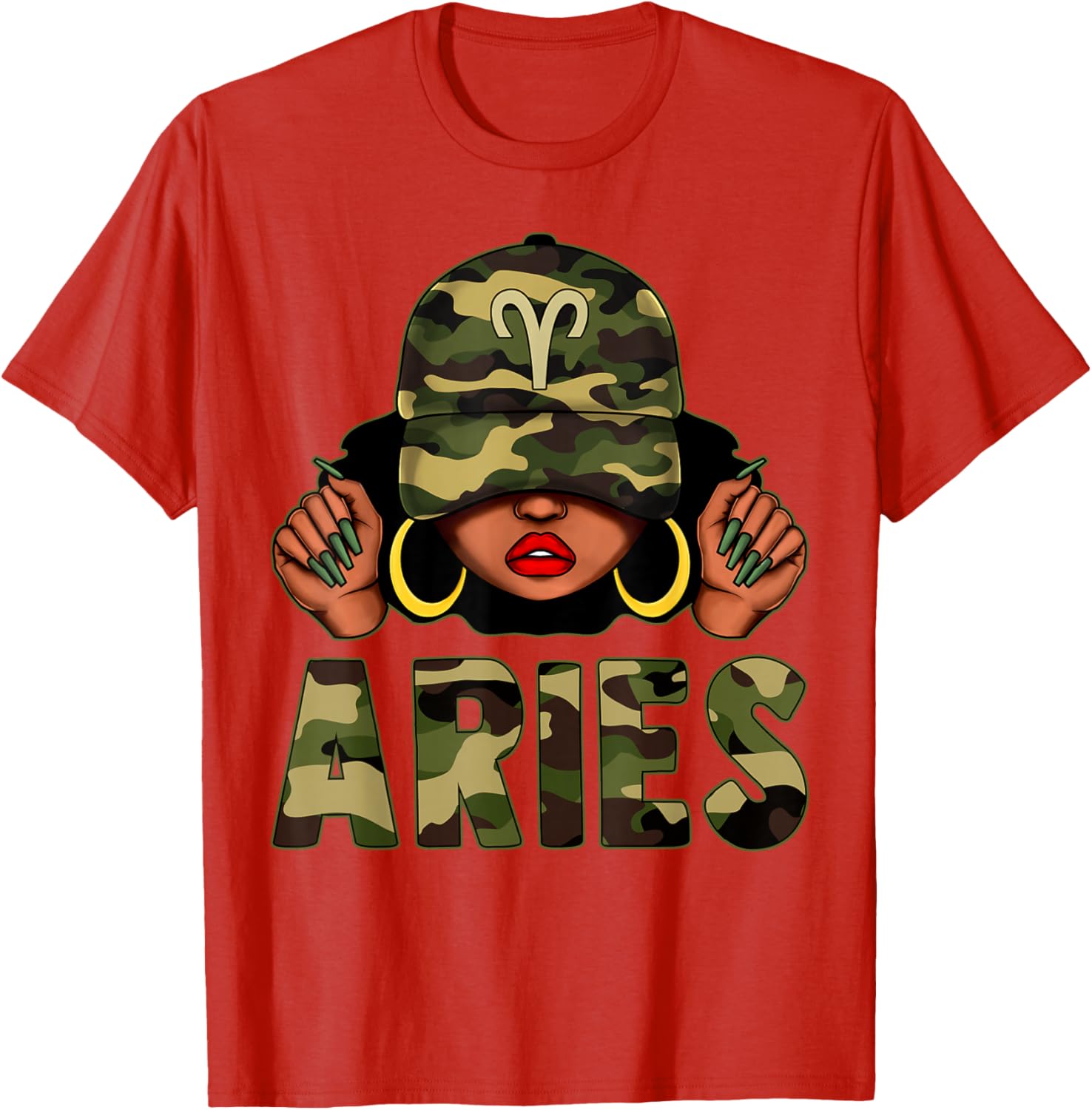 Aries Queen Black Woman Wearing Camo Cap Afro Zodiac T-Shirt - 20
