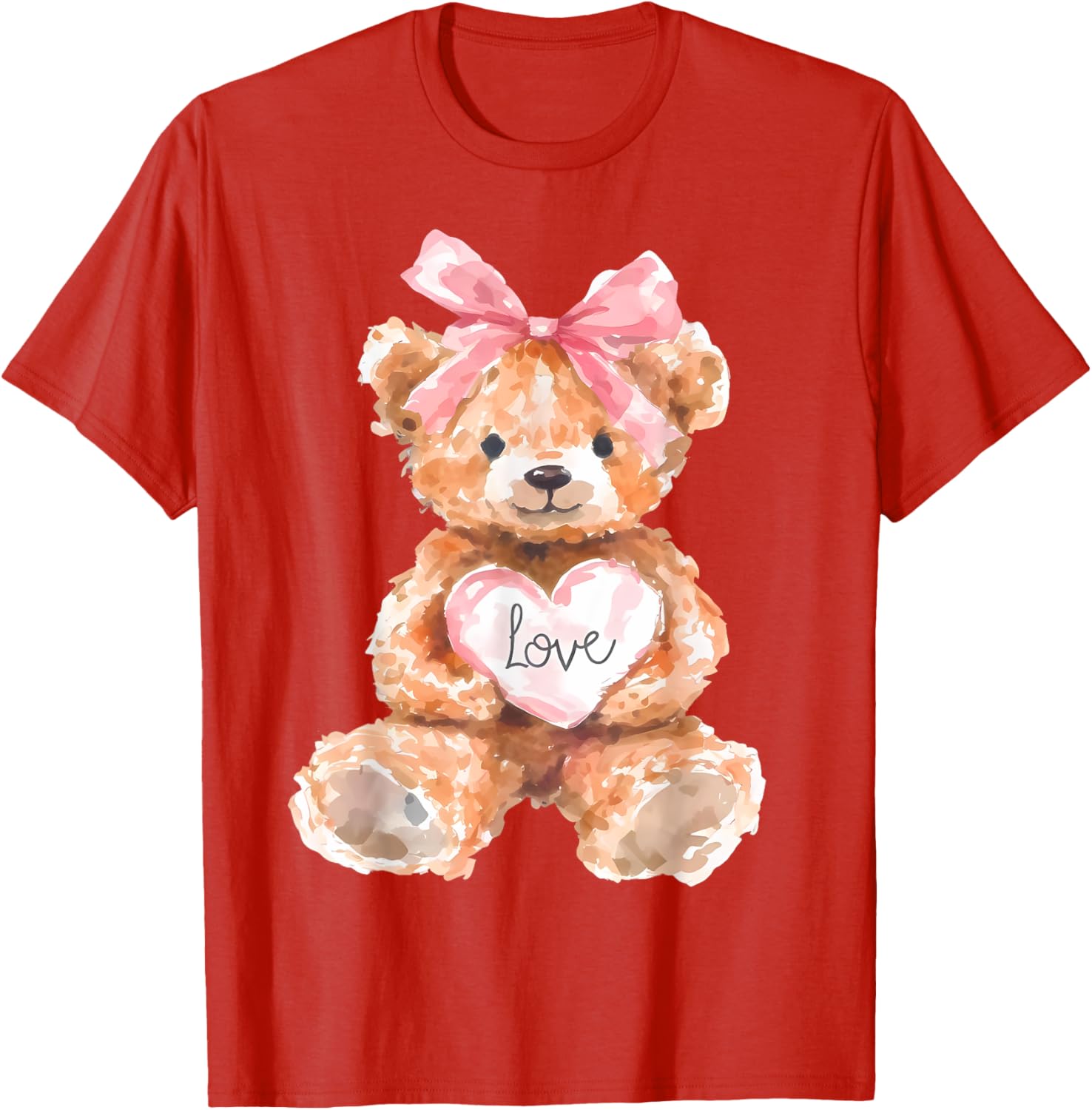 Watercolor Bear with Pink Bow Cute Valentine T-Shirt for Women and Girls - 10