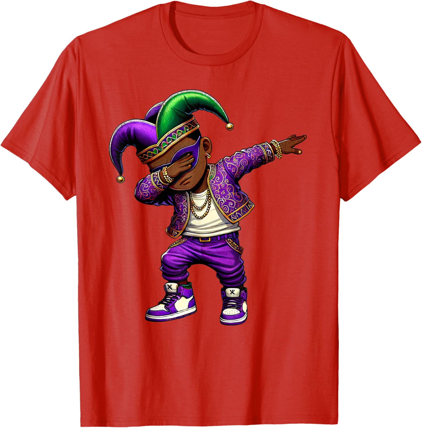 Funny Mardi Gras Jester Hat T-Shirt for Black Kids - Dabbing Boy Design - 19