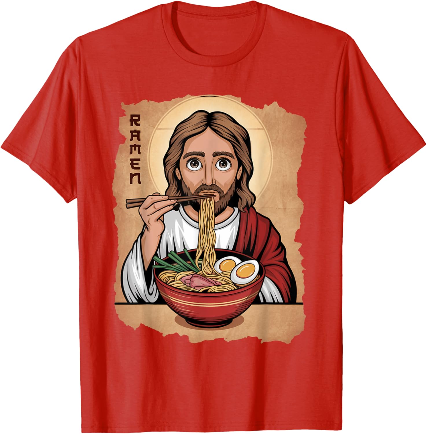Cute Jesus Eating Ramen Noodles T-Shirt with Ocean Waves Japanese Art - 2