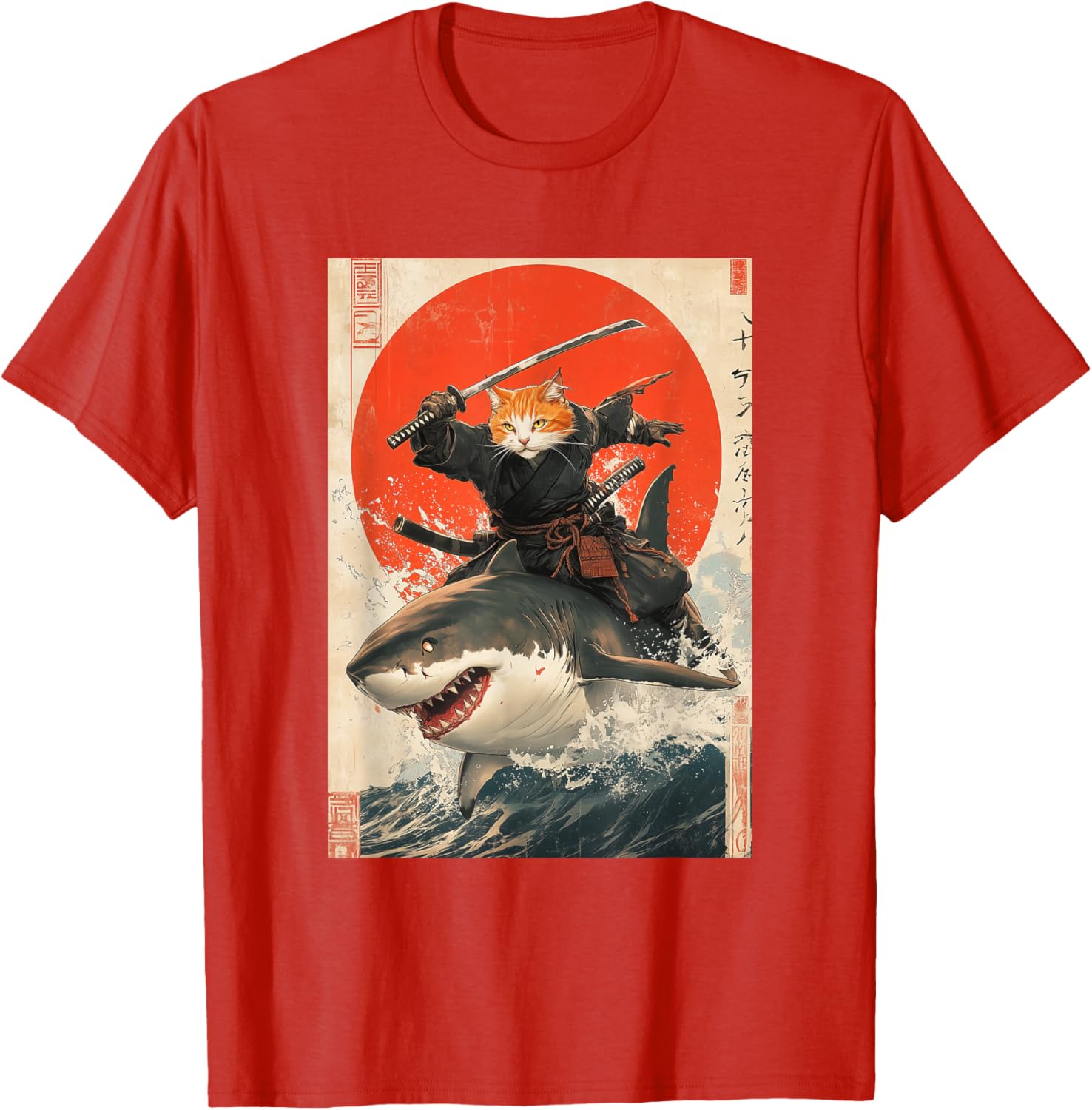 Ninja Cat Riding Shark Graphic Tee Cute Japanese Style T-Shirt for Cat Lovers - 12