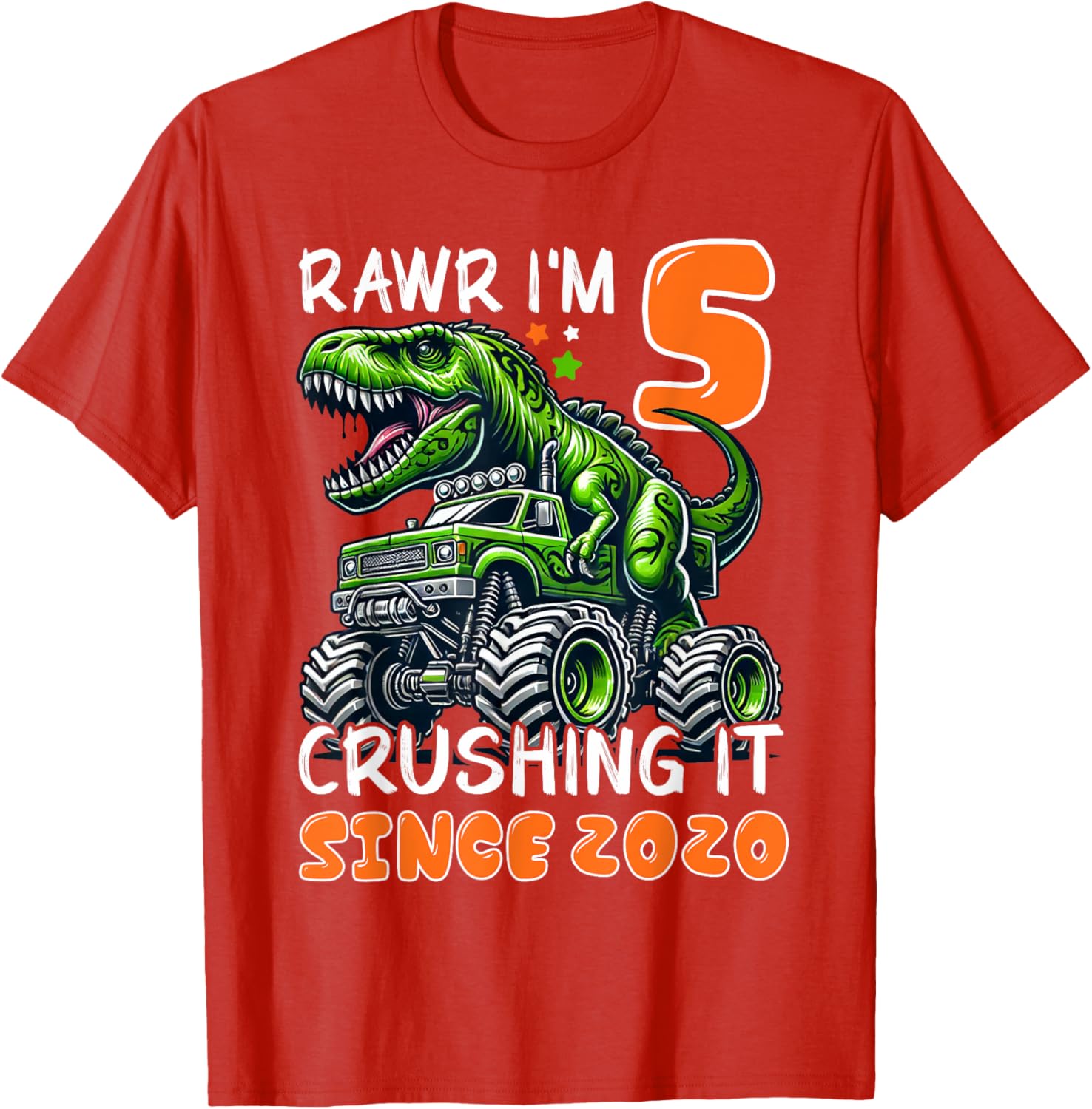 5th Birthday Monster Truck Dinosaur T-Shirt for Boys Rawr I'm 5 Fun! - 1