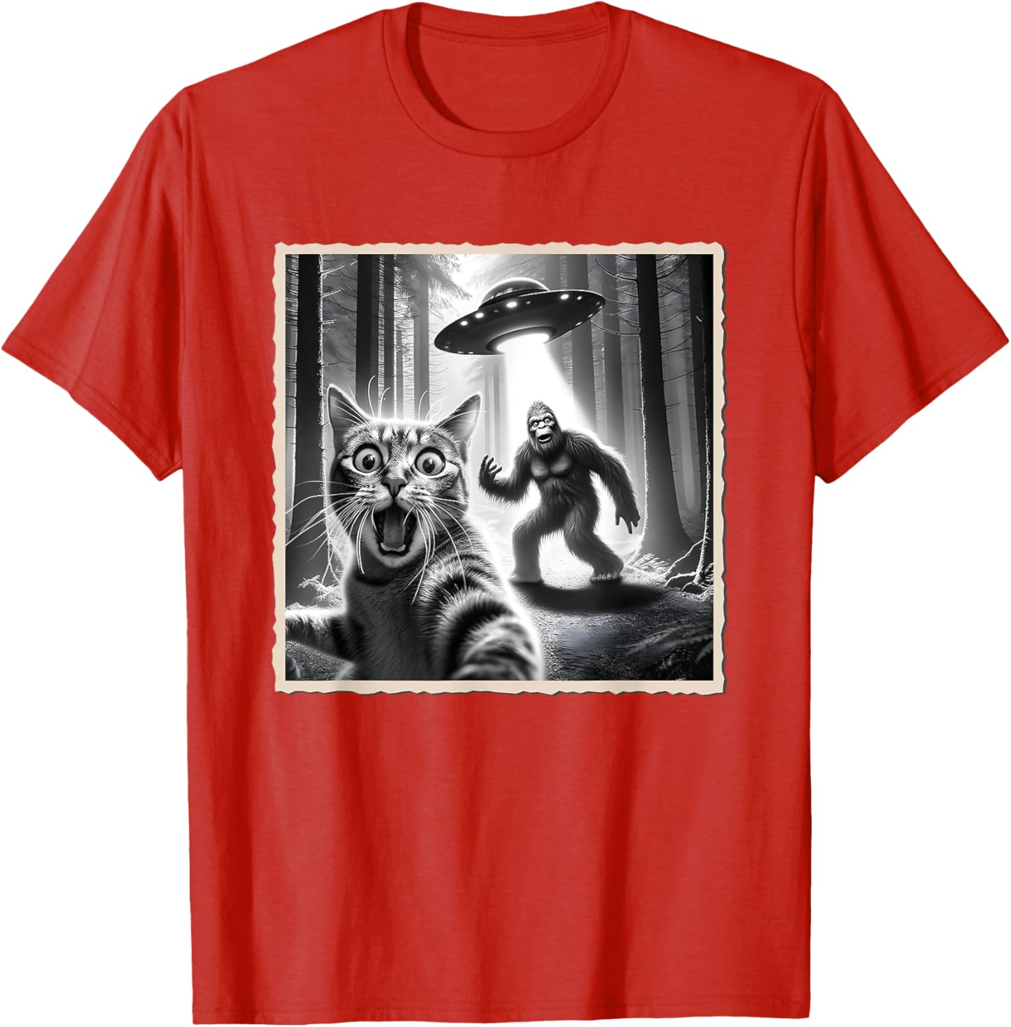 Funny Cat Selfie with Bigfoot and UFO T-Shirt for Animal Lovers - 18