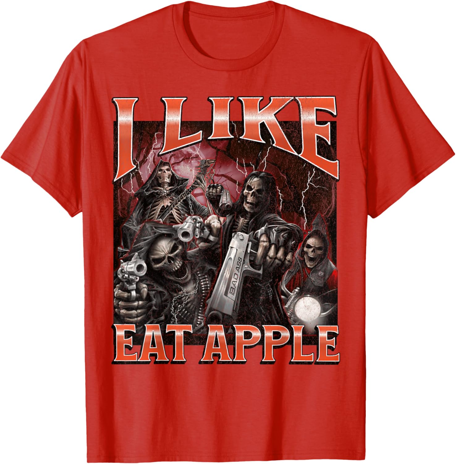Funny I Like Eat Apple Skeleton Meme Graphic T-Shirt for Casual Wear - 3