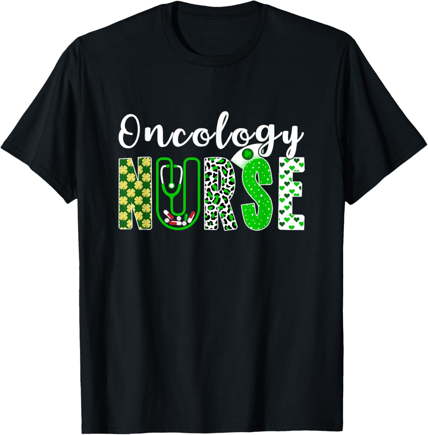 Oncology Nurse Stethoscope Shamrock Leopard St Patrick's Day Tee - 1