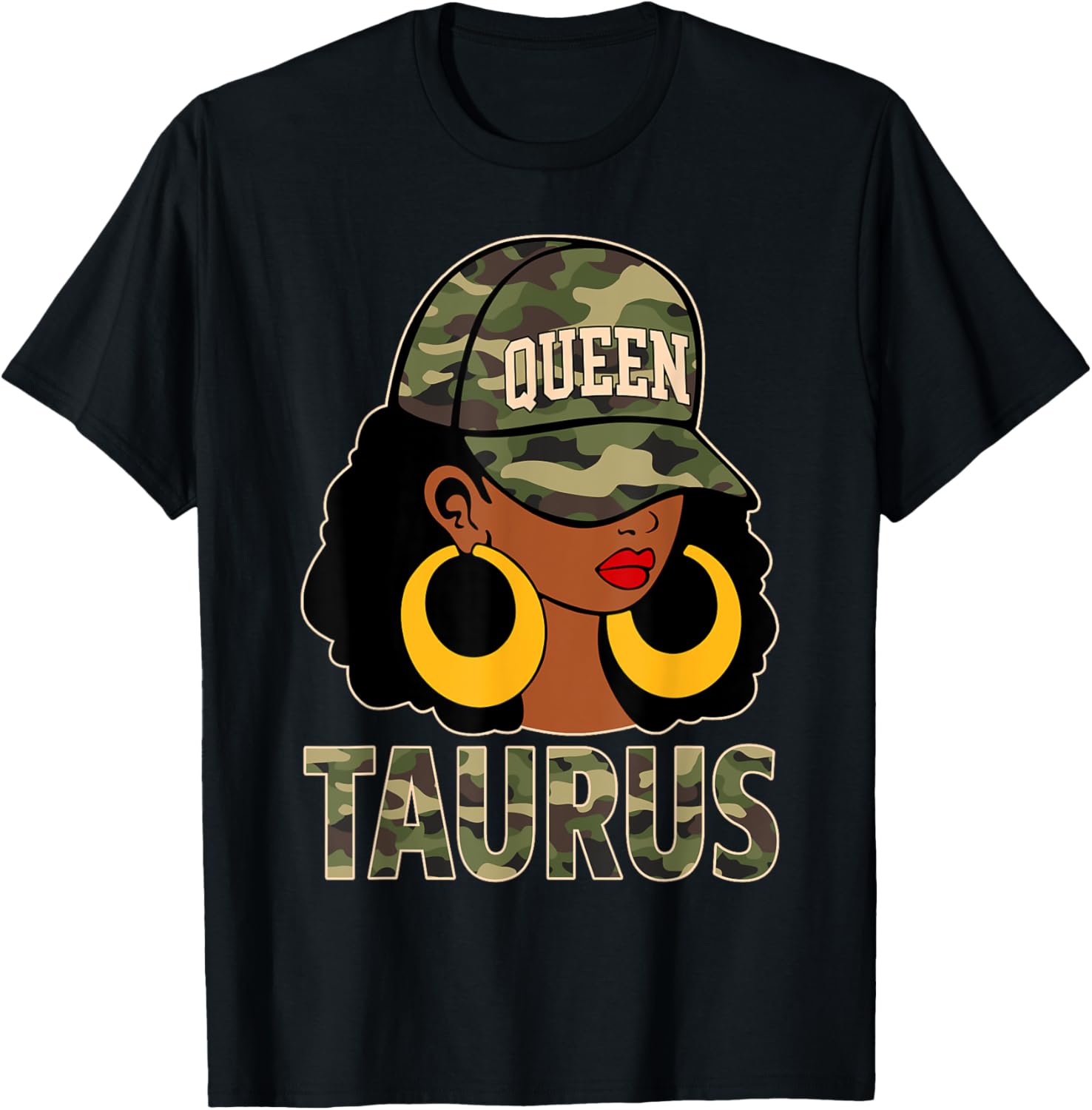 Taurus Queen Black Woman Cap Hat and Camo Afro Girl Zodiac T-Shirt - 1