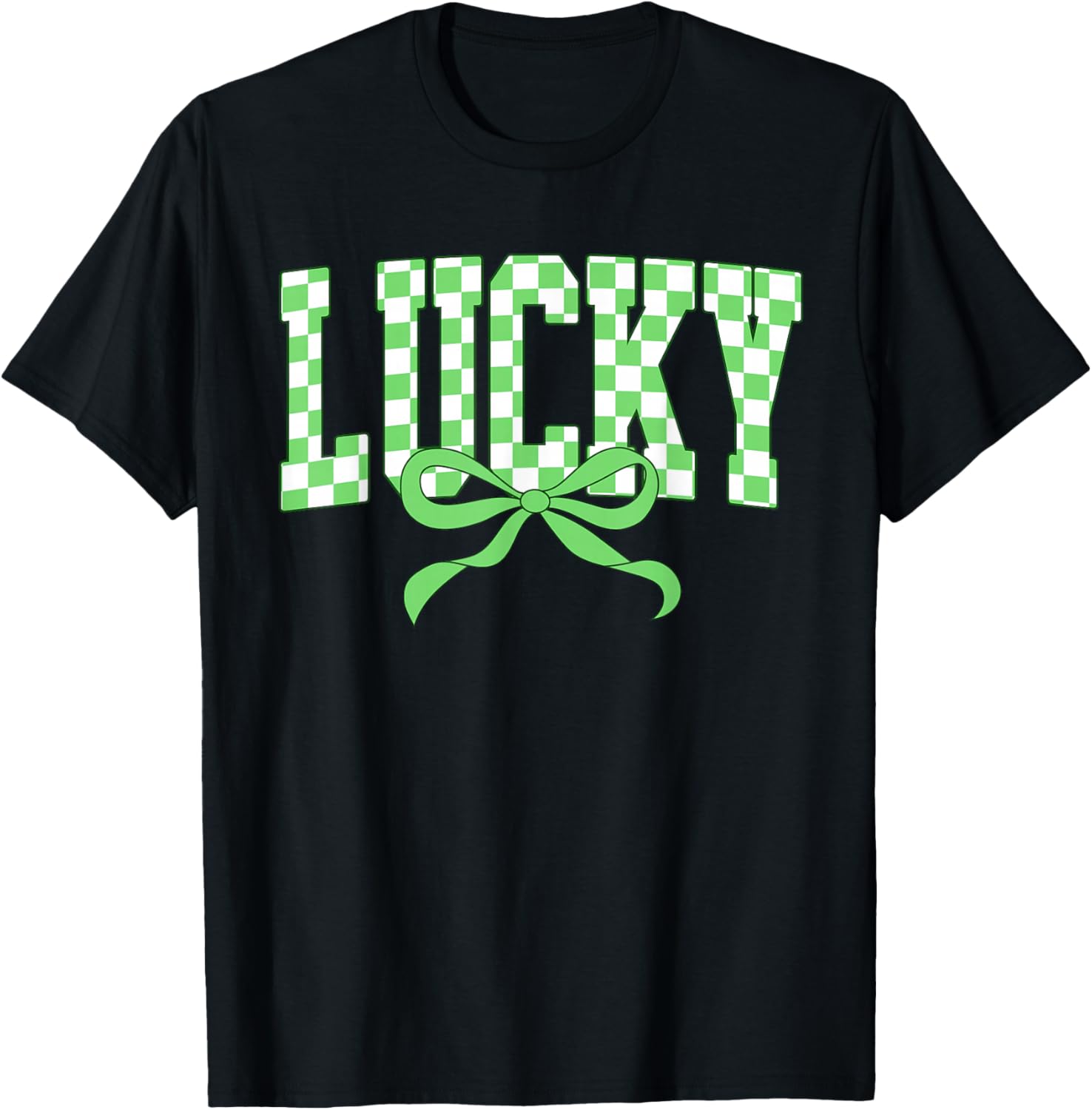 Lucky Shamrock Bow T-Shirt for St Patrick's Day Retro Checkered Style - 4